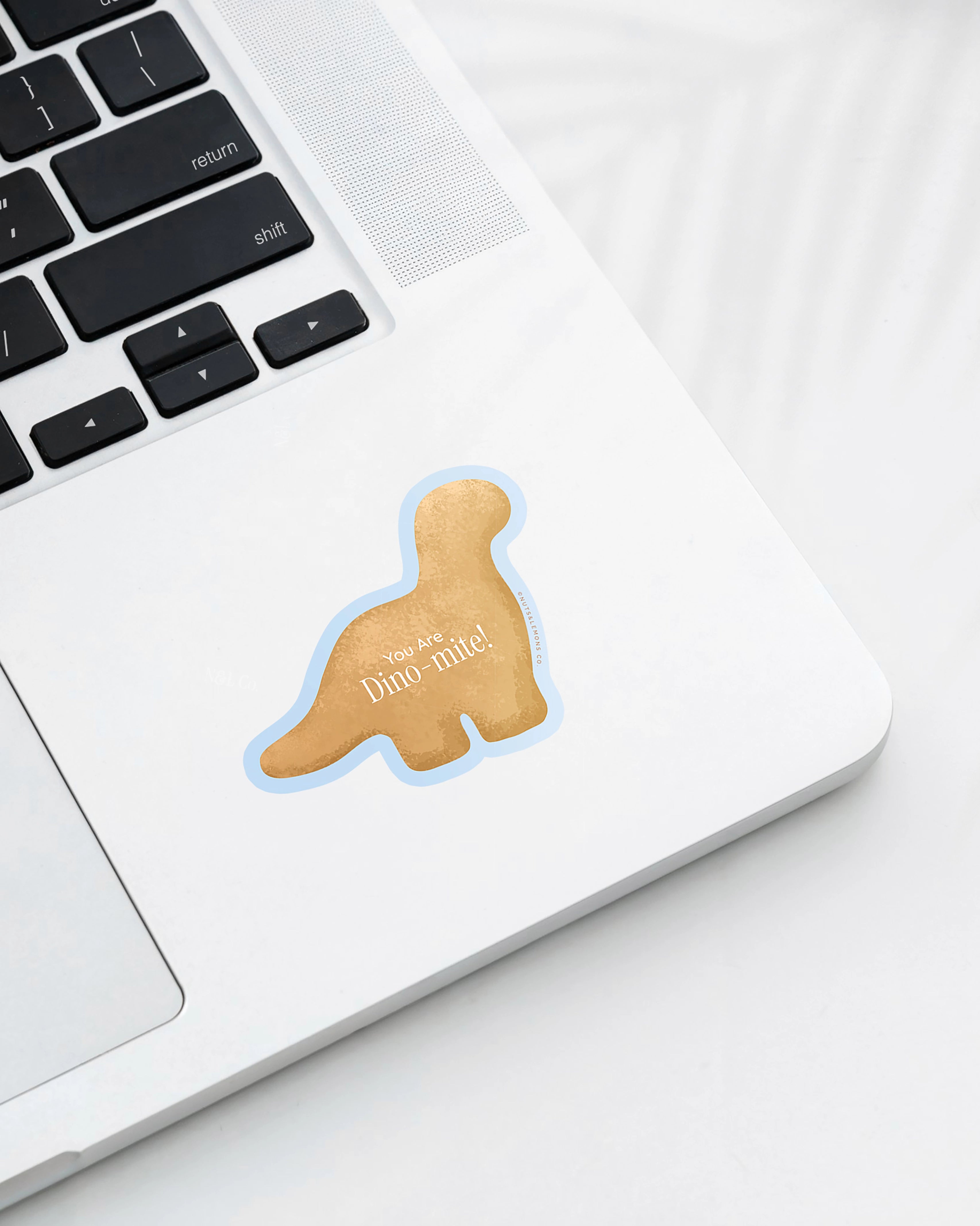 Laptop displaying a Nuts & Lemons Co. diecut sticker featuring a Dino nug with the phrase “you are Dino-mite”
