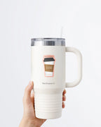 Hand holding a tumbler displaying a Nuts & Lemons Co. diecut sticker featuring a togo coffee with the phrase “love yourself like you love your coffee”