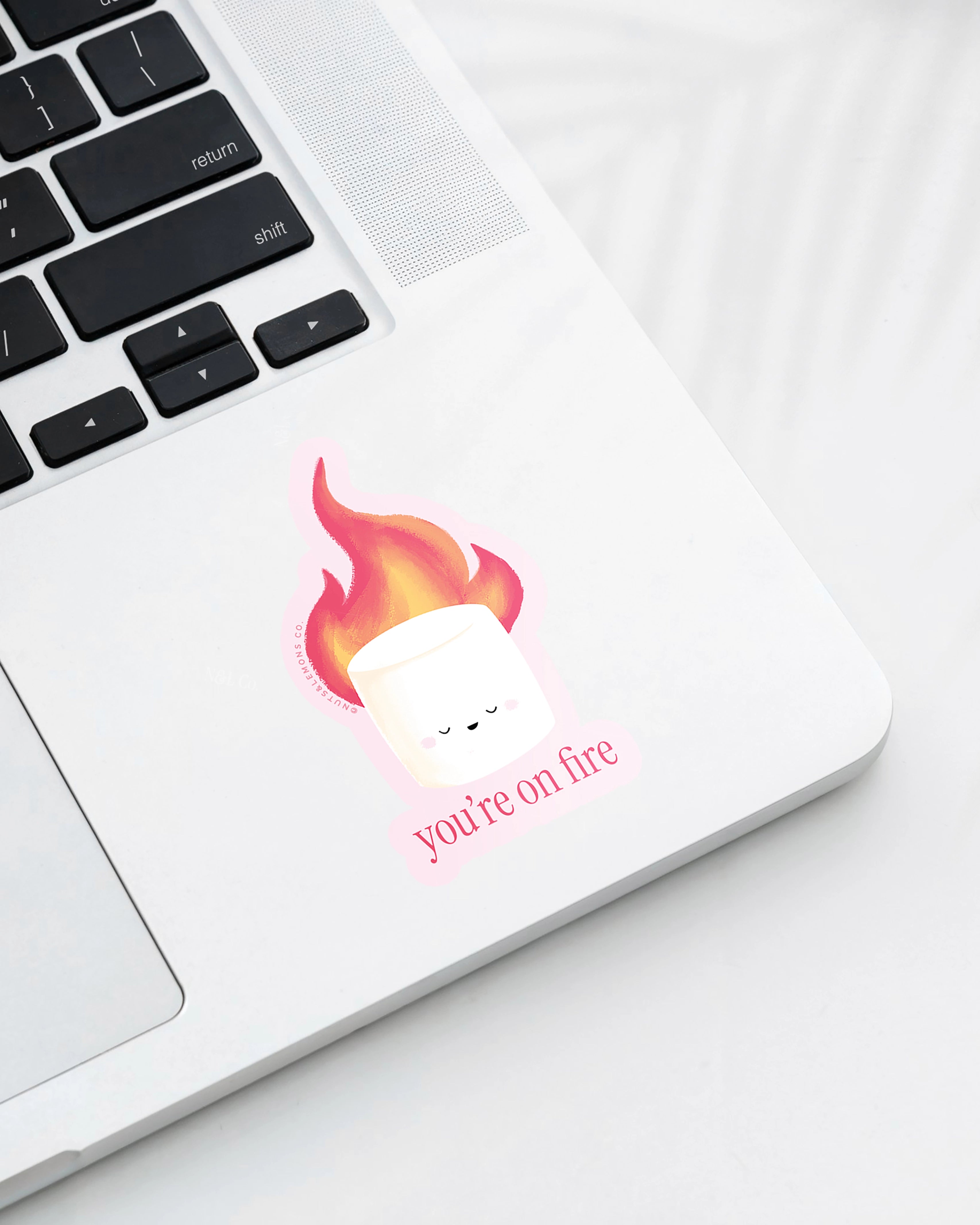Laptop displaying a Nuts & Lemons Co. diecut sticker featuring a marshmallow on fire with the phrase “you’re on fire”