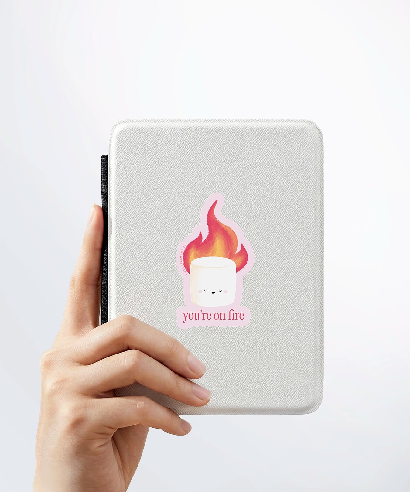 A hand holding a white kindle cover with a Nuts & Lemons Co. diecut sticker on it featuring a marshmallow on fire with the phrase “You’re on Fire”
